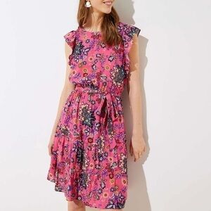 Loft flutter sleeve ruffle hem pink floral dress boat neck V-neck open back